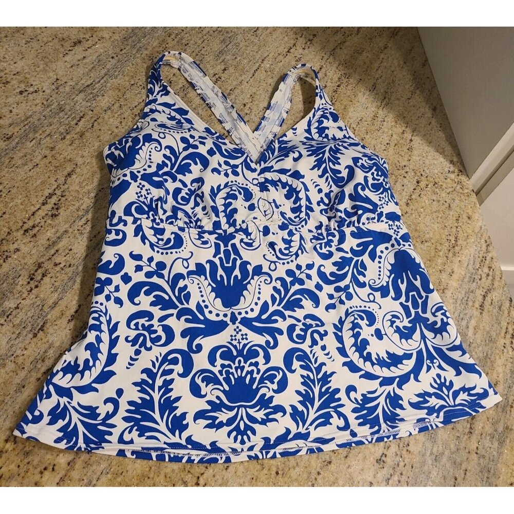 Lands End Women’s 12 Tankini Blue white Damask Flower Padded
